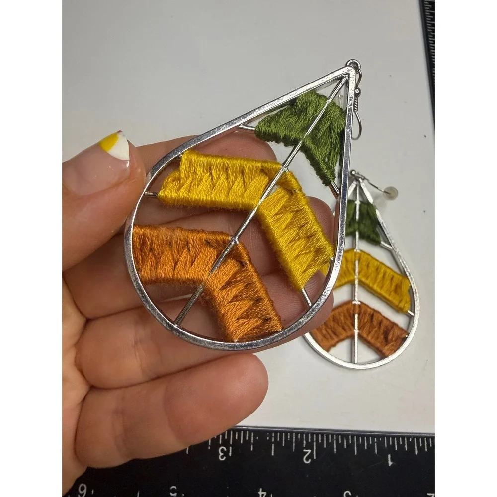 Boho Embroidered Teardrop Earrings Chevron Thread Wrapped Silver Tone Dangle
